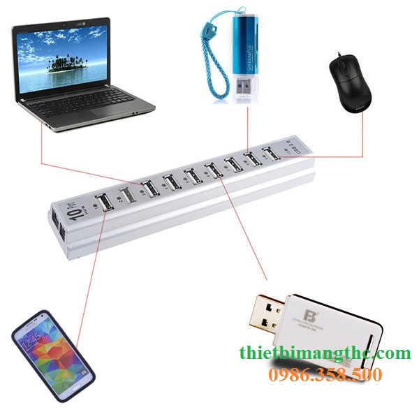 Bộ chia USB 10 cổng, bộ chia có nguồn ngoài 2A